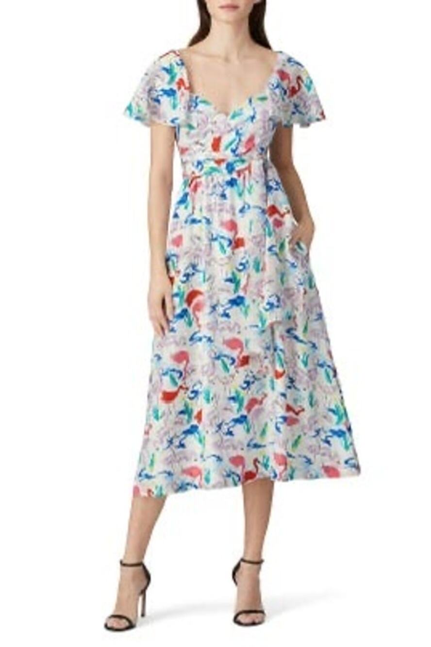 Tanya Taylor Tiegan Flamingo Print Silk Short Sleeve Midi Dress Size 6